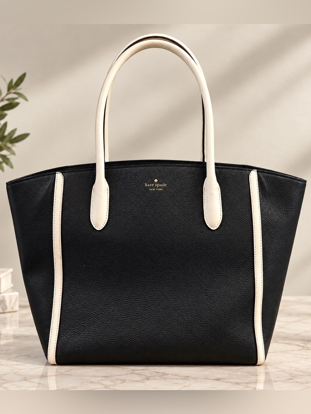 Kate Spade Black Cream Leather Tote Large Colorblock Shoulder Bag